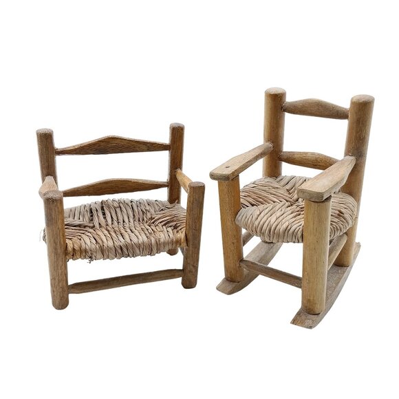 Vintage Wooden Doll Chairs - Rustic Woven Mini Furniture Set Rocking & Armchair